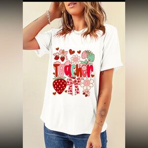 1023. Cute strawberry “TEACHER” cuffed short sleeve t-shirt white